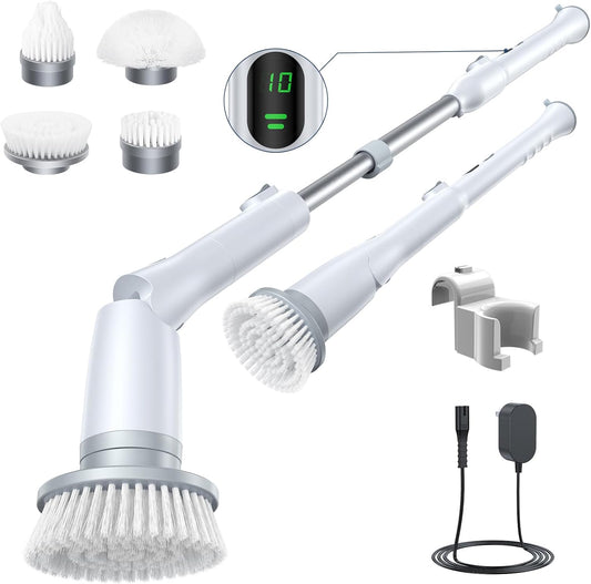 LABIGO Electric Spin Scrubber LA2 Pro, Shower Power Cleaning Brush with Display and 4 Replaceable Heads,2 Adjustable speeds, 3 Extension Handle, for Bathroom Floor Tile