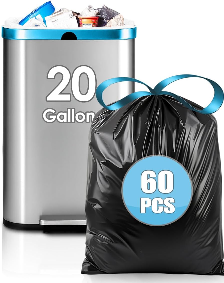 Teivio 20 Gallon 60 Counts (fit 18-20 Gal) Large Drawstring Trash Bags Strong Tall Kitchen Compactor Bags Garbage Bags for Home/Office/Light Residential Waste/Outdoor Trash Can, Lawn，Black Trash Bags