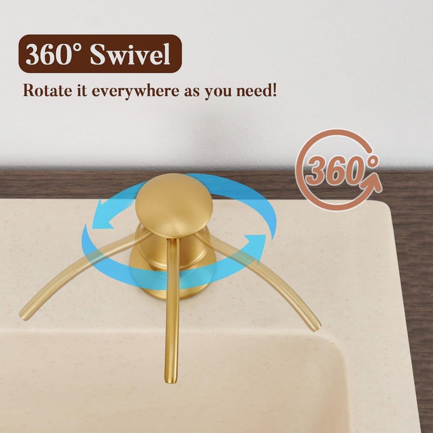 Built in Soap Dispenser for Kitchen Sink Countertop, Solid Brass Pump Head Long Spout with 10.2 Ounce PET Food Safe Material Lotion Bottle, Brushed Gold Finish