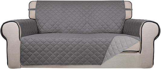 PureFit Reversible Quilted Sofa Cover, Water Resistant Slipcover Furniture Protector, Washable Couch Cover with Non Slip and Elastic Straps for Kids, Dogs, Pets (Oversized Loveseat, Gray/Light Gray)
