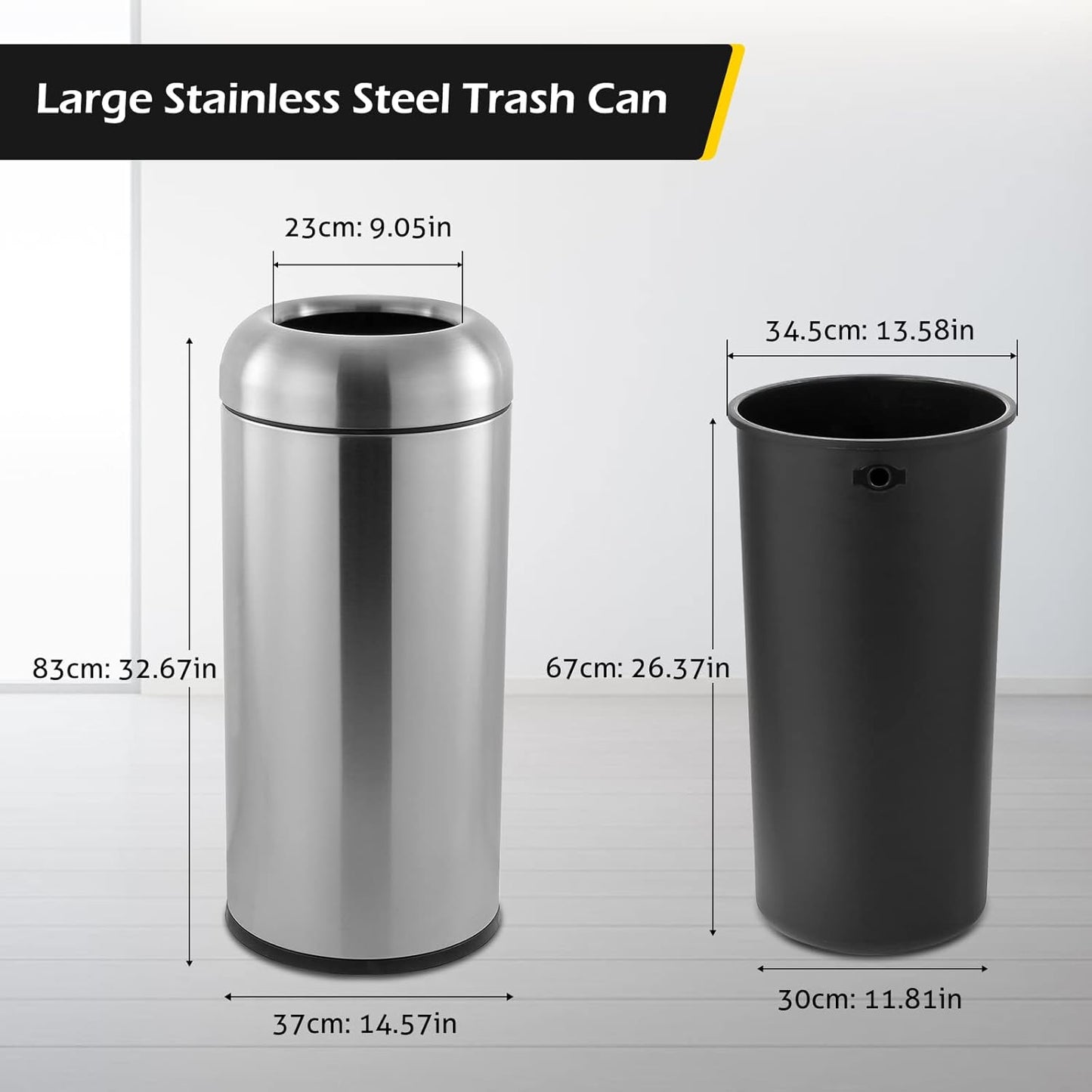 Dyna-Living Large Trash Can Outdoor Stainless Steel Garbage Can with Lid Open Top Tall Trash Bin Commercial Big Kitchen Garbage Bin Industrial Waste Container (Silver)