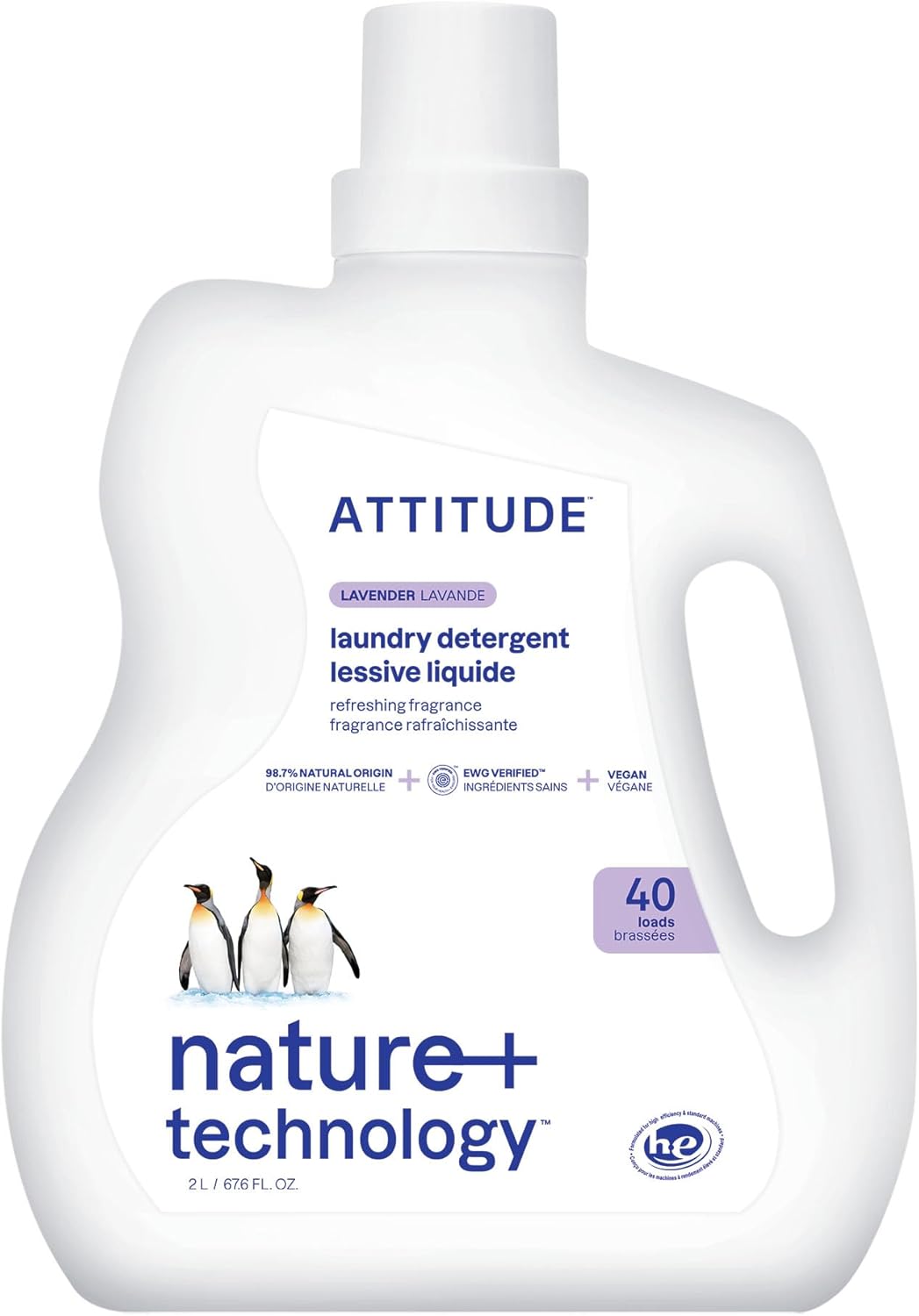 ATTITUDE Liquid Laundry Detergent, EWG Verified, HE Compatible, Plant-Based & Vegan, Natural Laundry Soap, Lavender Scent, 40 Loads, 67.6 Fl Oz