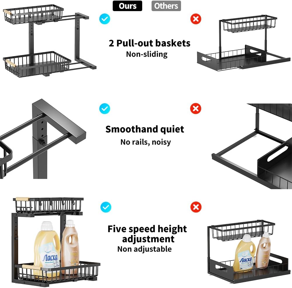 Under Sink Organizer, 2 Tier Under Sink Organizers and Storage, Metal Slide out Pull out Cabinet Organizer ，2 Pack Sliding Drawer Organizer for Kitchen Bathroom Pantry