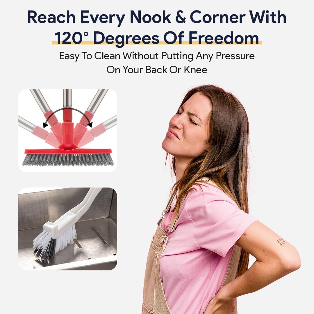 Foxtrot Living Grout Brush with Long Handle & Handheld Stiff Bristle Scrubber, V-Shaped Cleaner with Telescopic Handle for Easy Cleaning & Storage - Tile Floor Cleaning Brush
