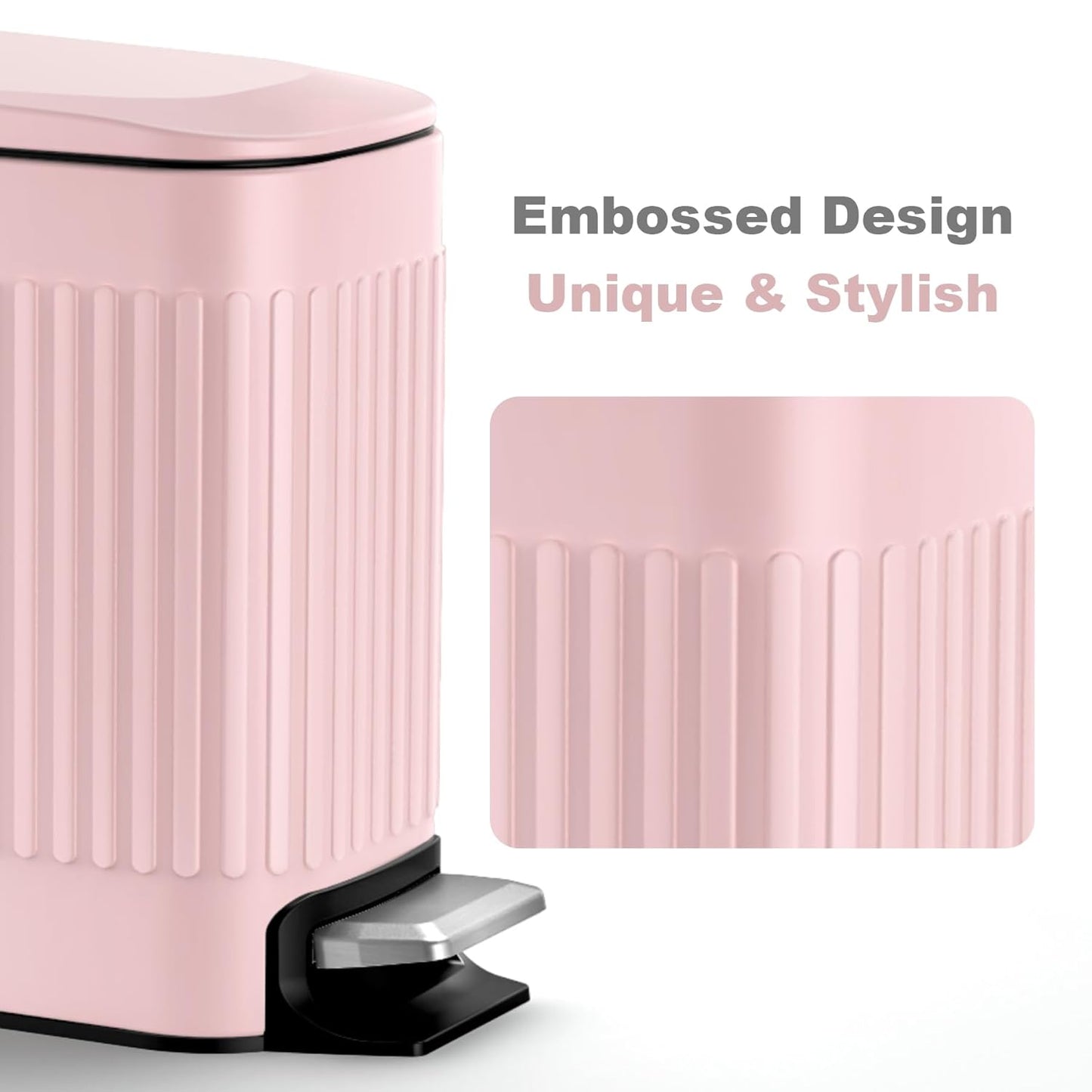 TrashAid Pink Bathroom Trash Can, 1.6 Gallon Stainless Steel Small Garbage Can with Lid, Step Pedal, Cute Wastebasket for Bathroom, Office, Bedroom, RV, Pink