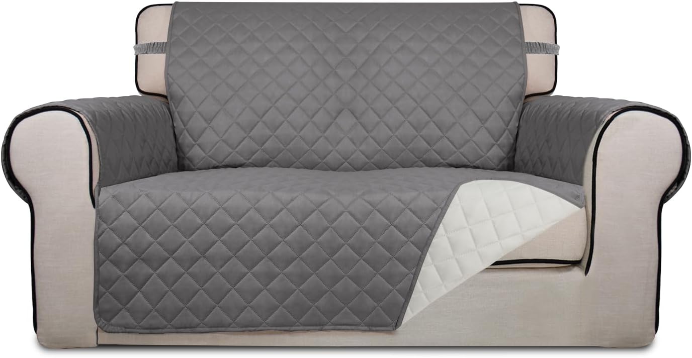 PureFit Reversible Quilted Sofa Cover, Water Resistant Slipcover Furniture Protector, Washable Couch Cover with Non Slip and Elastic Straps for Kids, Dogs, Pets (Loveseat, Gray/Ivory)