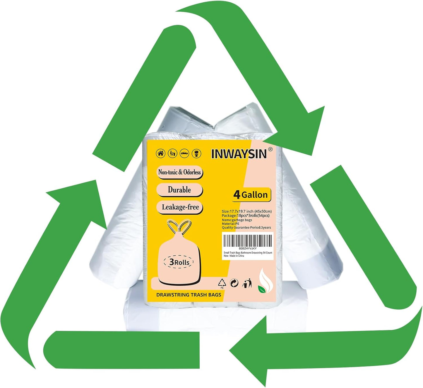 Small Trash Bags 4 Gallon Drawstring, Inwaysin 4 Gallon Trash Bag Extra Strong, Small Garbage Bags for Bathroom Can Bedroom Office Can, Unscented, Quick Cinch,15-18L, White, 54Count