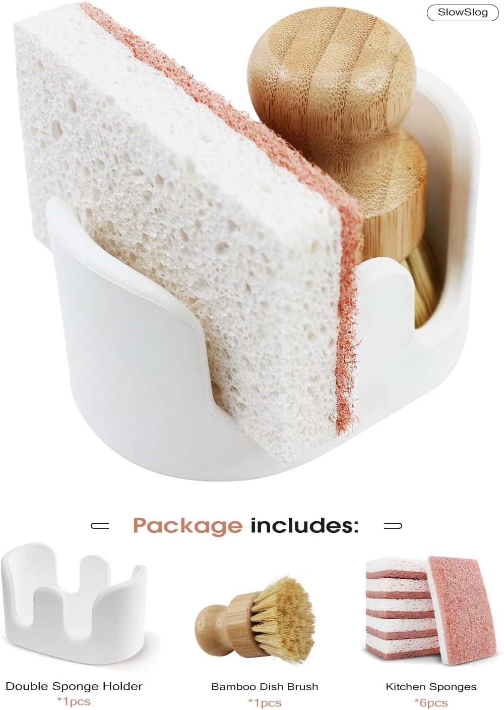 Double Sponge Holder, Water-Absorbing Stone Dish Sponge Caddy for Kitchen Sink Counter, Fast-Drying Stone Sponge Holder with 6 Sponges and 1 Brush, White