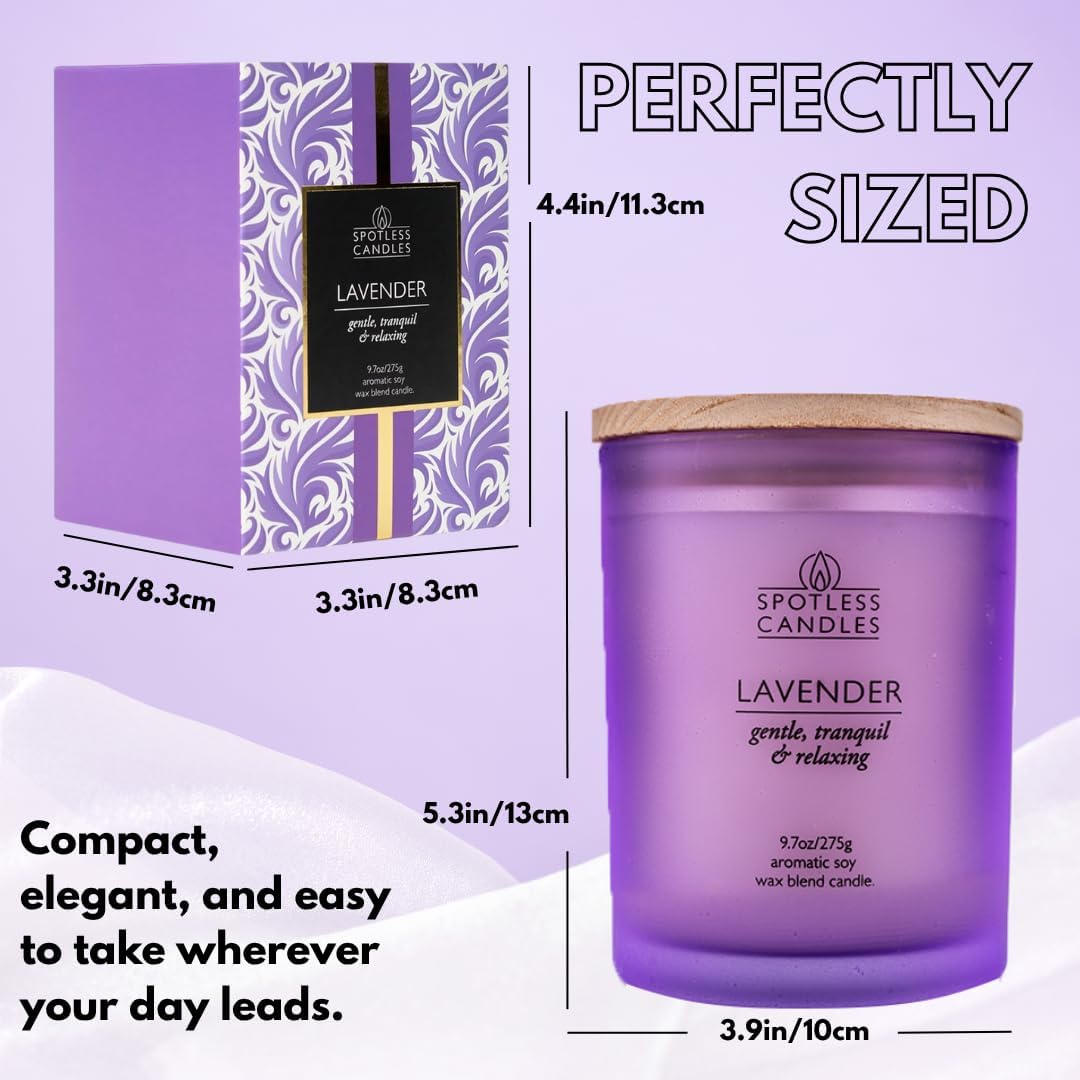 Lavender Candle - 9.7 oz /275g Lavender Scented Candle in Purple Glass Jar with Wooden Lid and Wooden Crackling Wick in a Luxurious Gift Box - Gentle, Tranquil and Relaxing