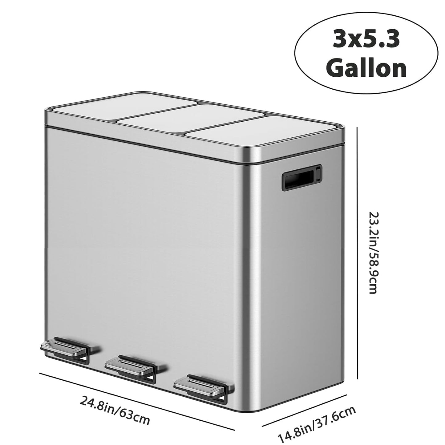3 x 5.3 Gal (3 x 20L) Trash Can, Stainless Steel Triple Compartment Step-On Recycling Bin with Soft-Close Lids & Removable Plastic Inner Buckets for Kitchen, Home, Office
