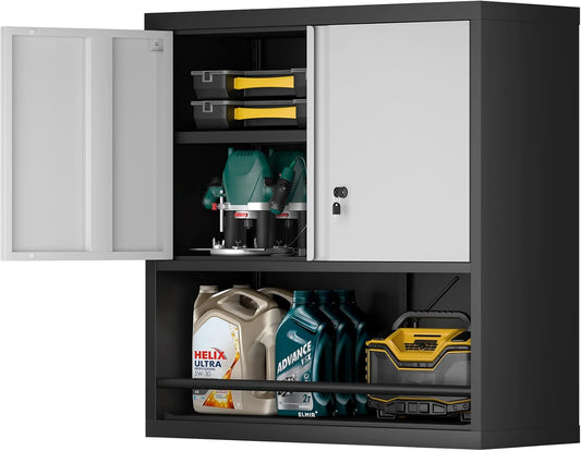 Metal Garage Cabinets, Lockable Storage Cabinet, Metal Cabinet with Open Storage, Upper Tool Cabinet for Basement, Wall Mounted Cabinets for Shop