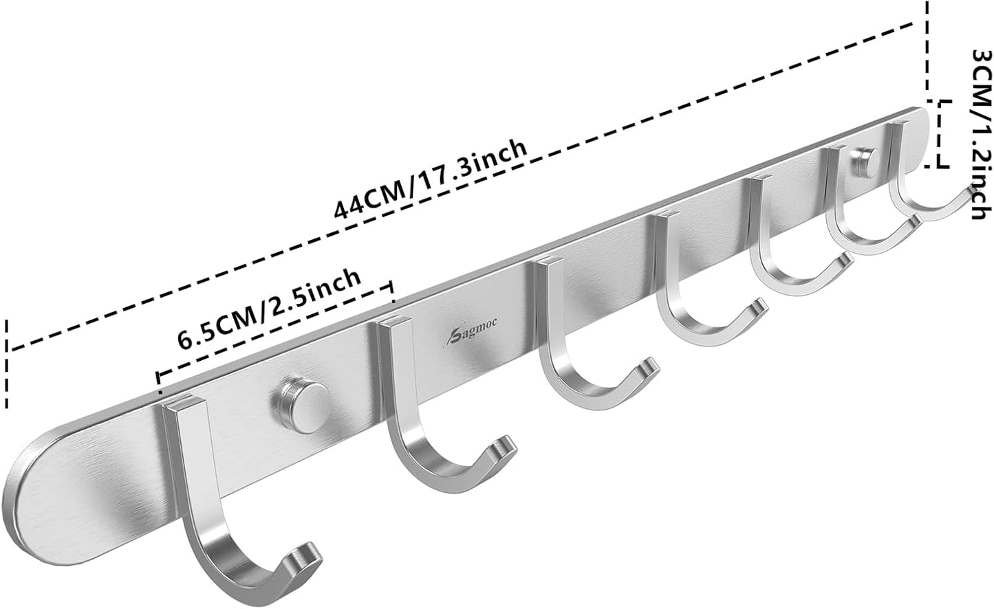 Towel Hook Rack Brushed Nickel 17-Inch Coat Hook Rail Wall Mounted with 7 Hooks, Durable Wall Hangers for Bedroom, Bathroom, Foyer, Hallway (304 Stainless Steel)