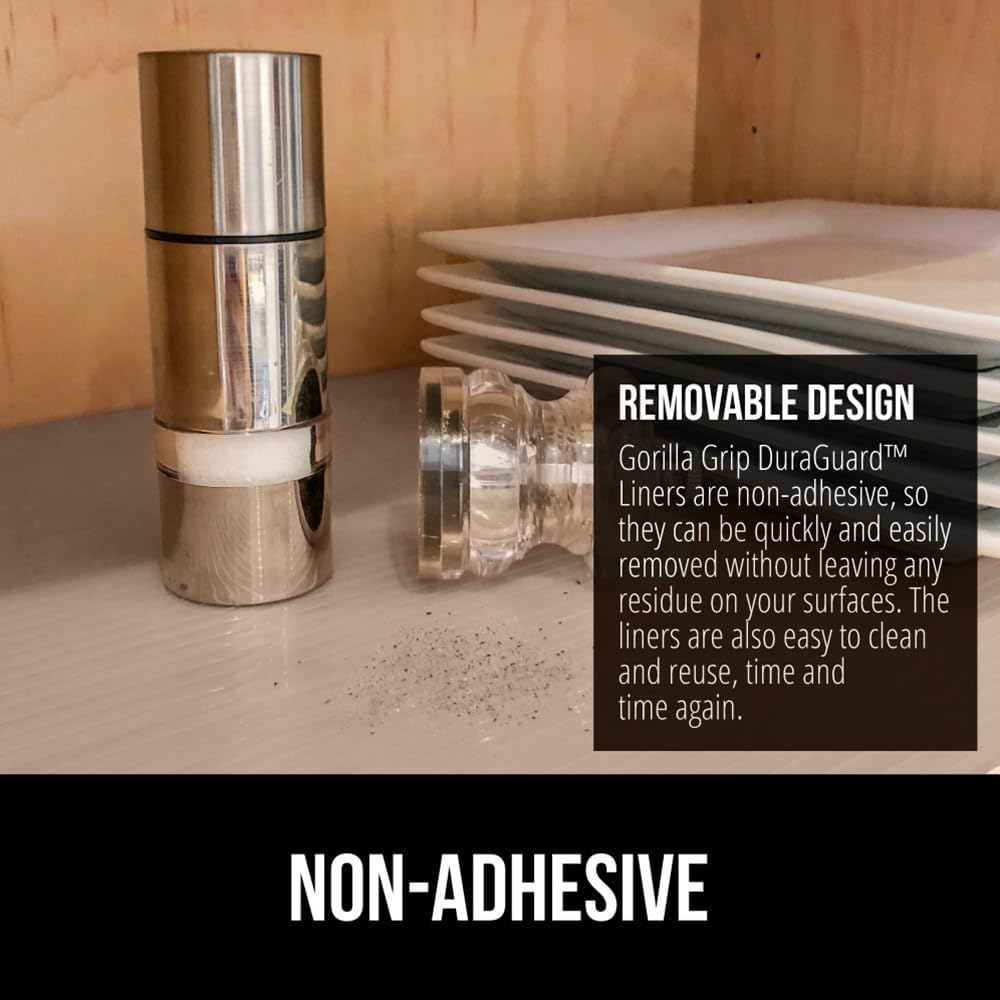 GORILLA GRIP DuraGuard Shelf Liner, Non-Adhesive Cabinet Liners for Kitchen Drawers, Shelves, Refrigerator, Pantry Storage, Bathroom Closet, Durable Waterproof BPA Free Ribbed Plastic, 20x10 Beige