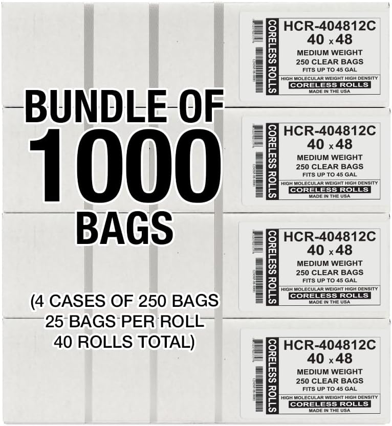 Aluf Plastics High Density Trash Bags, 45 Gallon, 1000 Count, 12 Micron (eq), 40" x 48", Clear, for Bathroom, Office, Industrial, Commercial, Janitorial, Municipal, Recycling