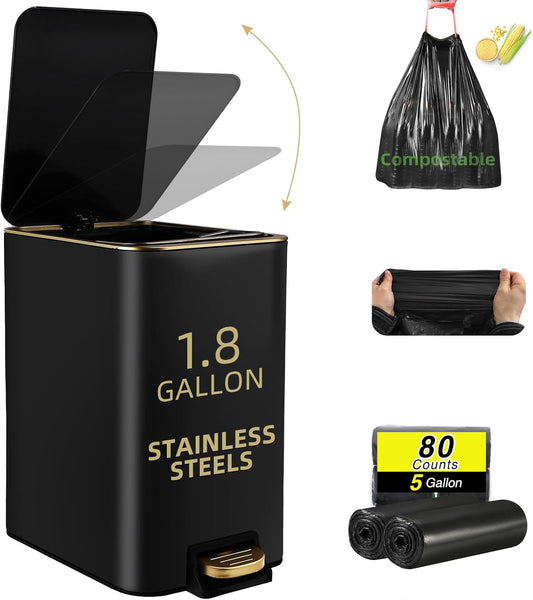 Small Bathroom Trash Can with Lid Soft Close, 1.8 Gallon Stainless Steel Garbage Can with Removable Inner Bucket,80Count Compostable Trash Bags, Slim Step Pedal Trash Bins