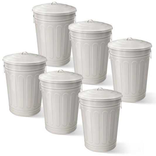 Plexon Round Trash Can 13 Gallon, Vintage Metal Outdoor Trash Can with Lid, Retro Farmhouse Garbage Container, Old School Modern Ash Bucket, Beige 6 Pack