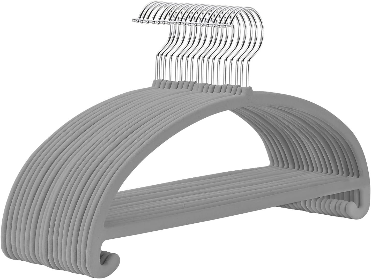 MIZGI 50 Pack Gray Velvet Hangers - No Shoulder Bumps, Heavy Duty Non-Slip Chrome Hooks for Jackets, Coats, Pants