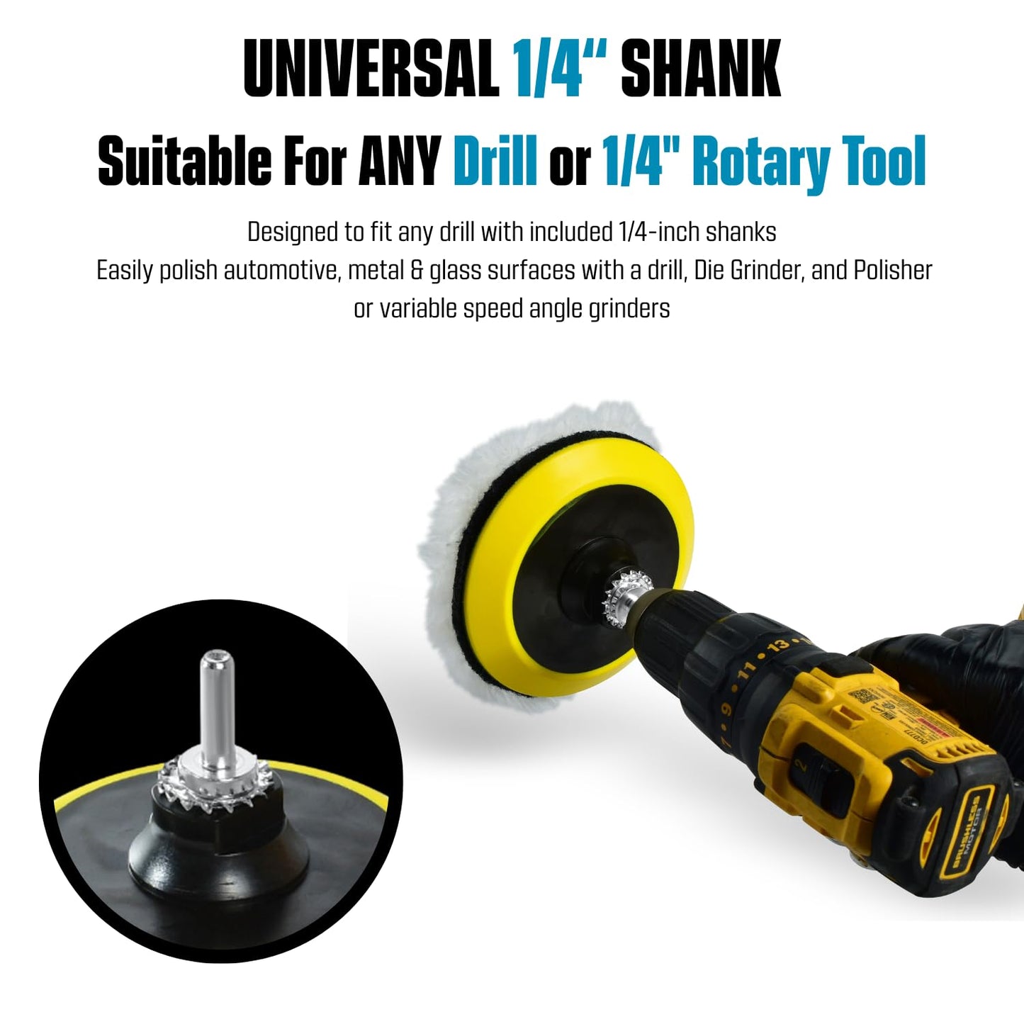 LINE10 Tools 5-Inch Wool Polishing Kit for Drill or Angle Grinder or Orbital, Includes 5 Hard Felt, 5 Soft Wool Buffing Pads with Hook and Loop, Drill Adapter Attachment, Small Car Buffer Auto Glass