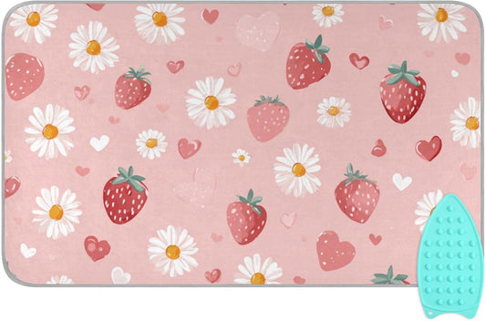 Pink Floral Strawberry Hearts Ironing Mat for Table top Portable Ironing Pad Blanket for Washer Dryer Countertop Travel