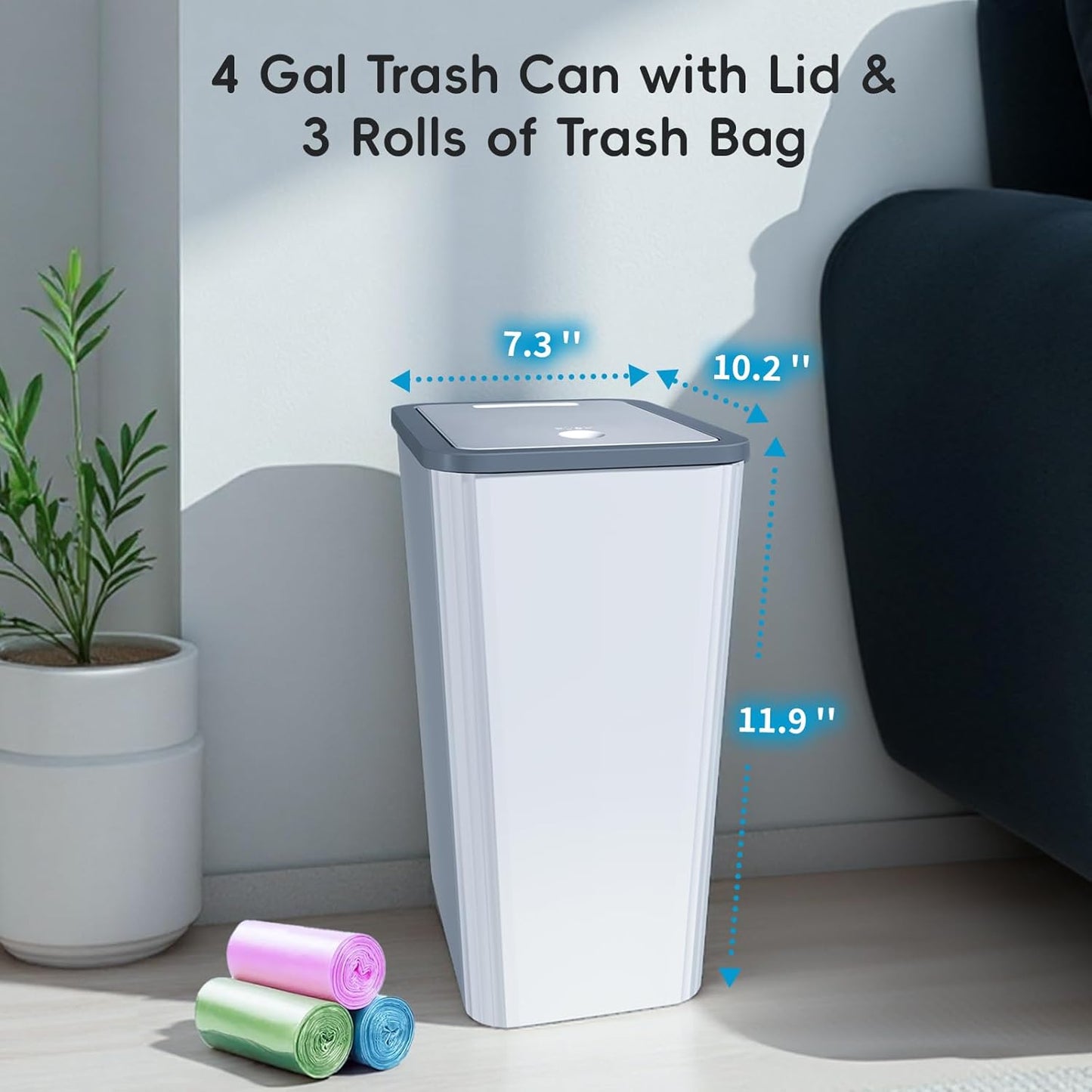 Small Trash Can, 3 Pack 4 Gallons Bathroom Garbage Can with Lid Press-Top, Small Waste Basket with Trash Bags, Slim Plastic Garbage Bin for Dorm, Office, Bedroom, Kitchen, Living Room (Multi)