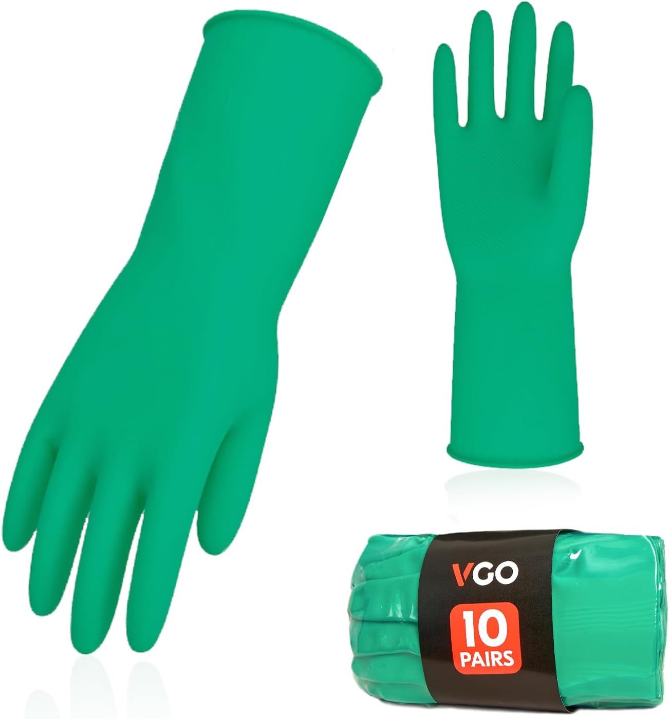 Vgo... 10-Pairs Reusable Household Gloves, Rubber Dishwashing gloves, Extra Thickness, Long Sleeves, Kitchen Cleaning, Working, Painting, Gardening, Pet Care (Size XL, Green, HH4601)