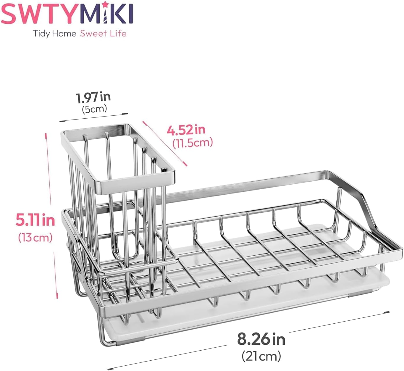 SWTYMIKI Kitchen Sink Caddy Sponge Holder, Kitchen Sink Organzier and Storage with High Brush Holder and Drip Tray for Dish Sponges, Silver