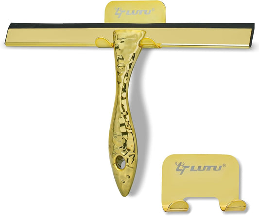 All-Purpose Silicone Shower Squeegee for Shower Glass Door,with 1 Hooks,for Bathroom Glass, Car, Tile Wall, Mirror Cleaning - Flower Shaped Handle for Easy-Grip 10 Inch Golden