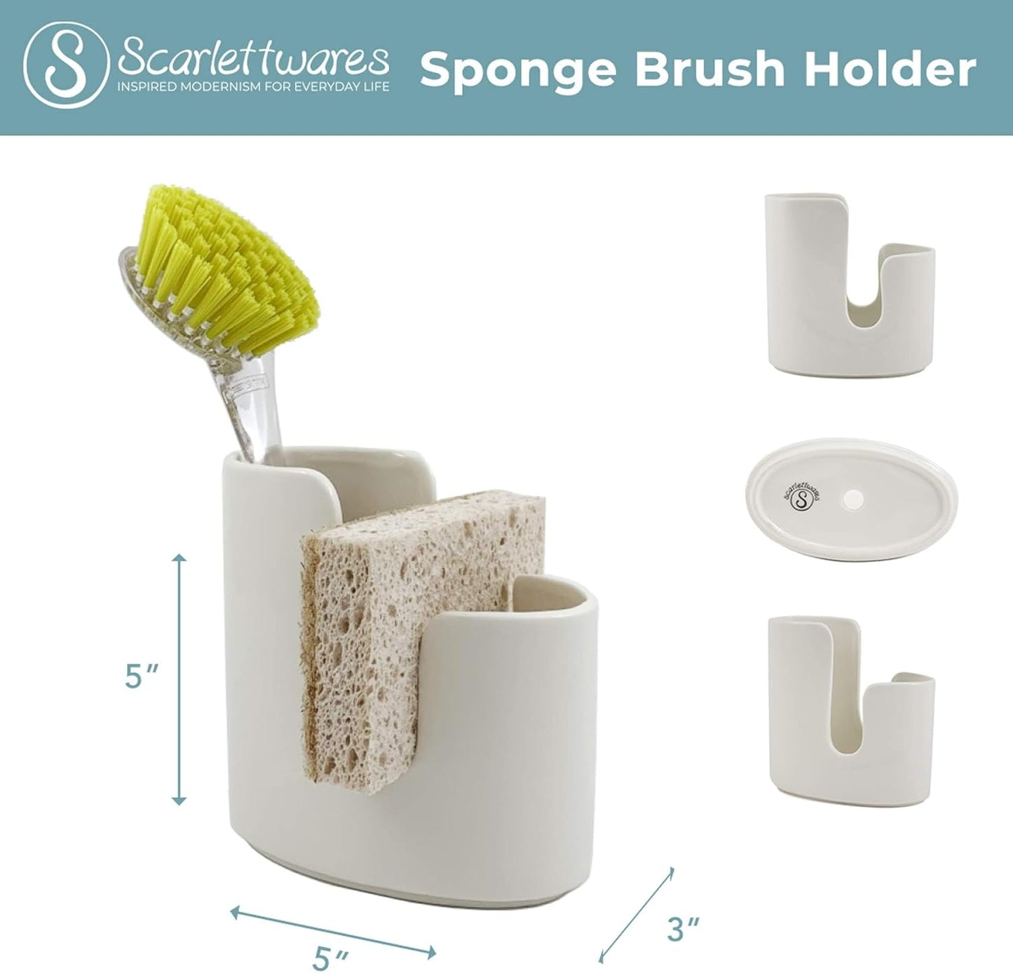 Kitchen Sink Caddy Dish Sponge Holder and Scrub Brush Dish Wand Holder Ceramic White Farmhouse Modern