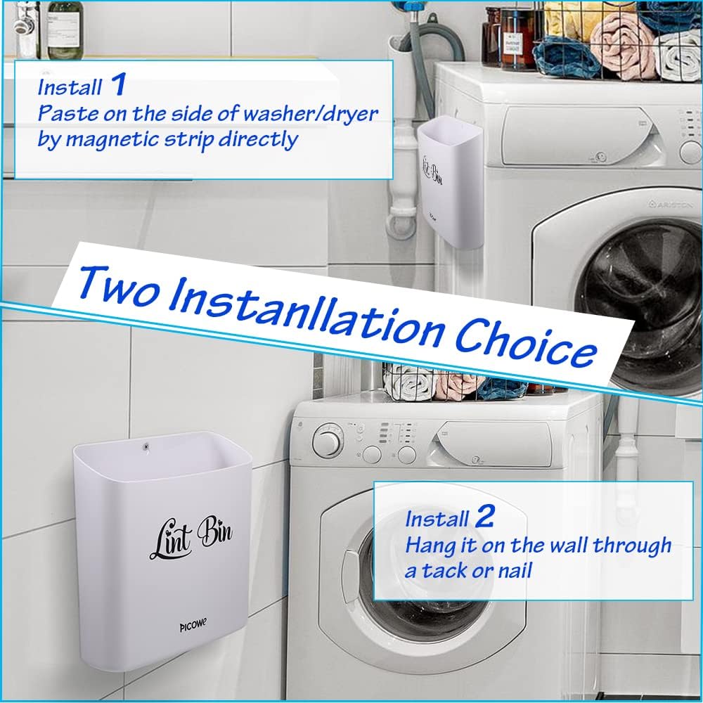 Picowe Magnetic Laundry Storage, Large Lint Holder Bin for Laundry Room, Space-Saving Trash Container Hanging on Dryer, Washer or Wall Mount (Gray White)