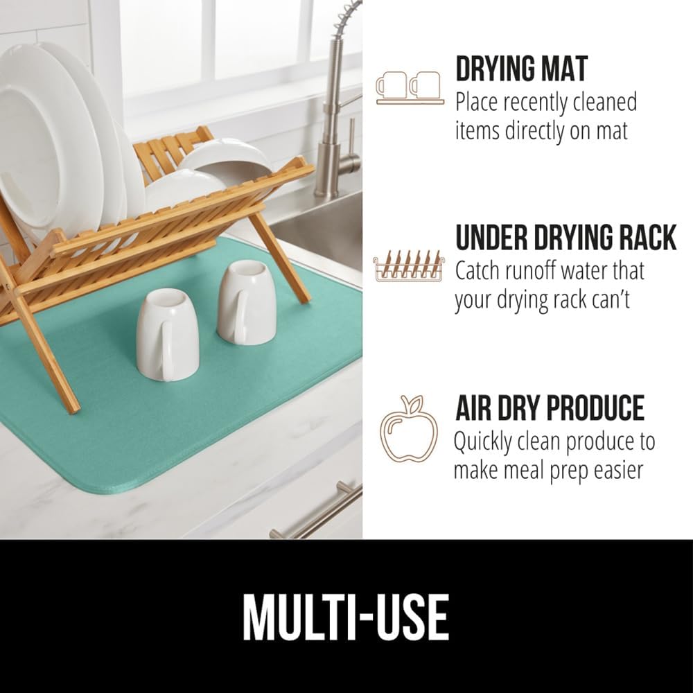 GORILLA GRIP Ultra Water Absorbent Microfiber Dish Drying Mat, Quick Dry Thick Mesh, Slip Resistant Pad for Sink Dishes or Under Rack, Kitchen Counter Accessories, 16x18, Machine Wash Mats, Mint