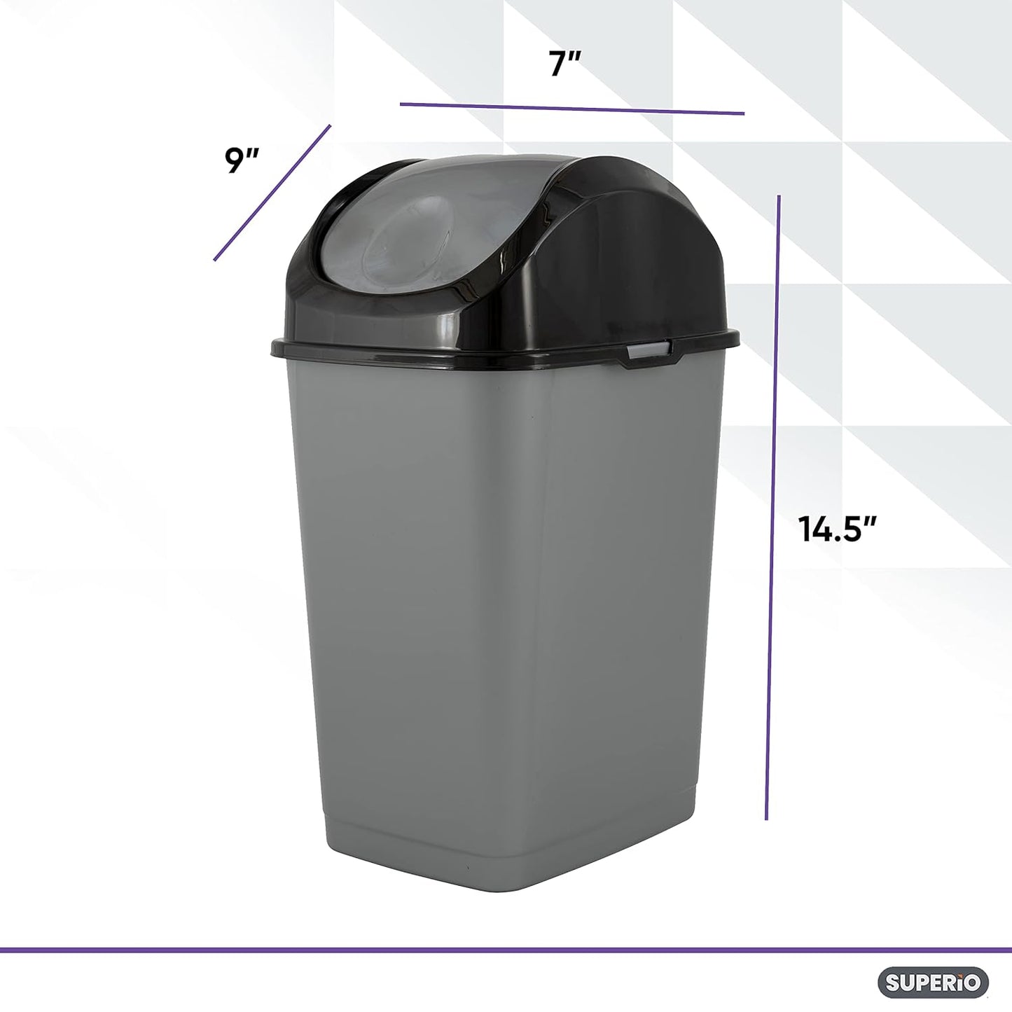 Superio Small 2.5 Gallon Plastic Trash Can with Swing Top Lid, Compact Slim Waste Bin for Under Desk, Office, Bedroom, Bathroom, Dorm Room, 10 Qt. Portable Garbage Can (Grey/Black)