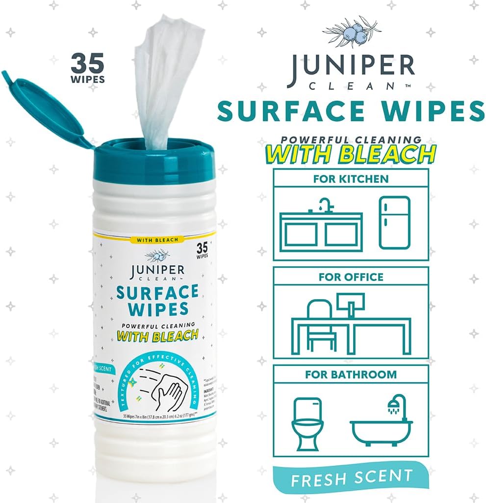 1 Pack Surface Cleaning Wipes with Bleach, All-Purpose Cleaner for Bathroom, Kitchen, Office, 35 Count Canister, 7.5" x 7" Sheet, Fresh Scent, Lint Free & Durable