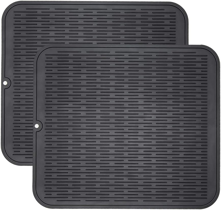 ZLR 2 Pcs Silicone Dish Drying Mats for Kitchen Counter, Eco-Friendly Fast Dry Dish Mat, Easy Clean Multi Usage Drying Matt, Heat Resistant Trivet, 16" x 18" XL, Black