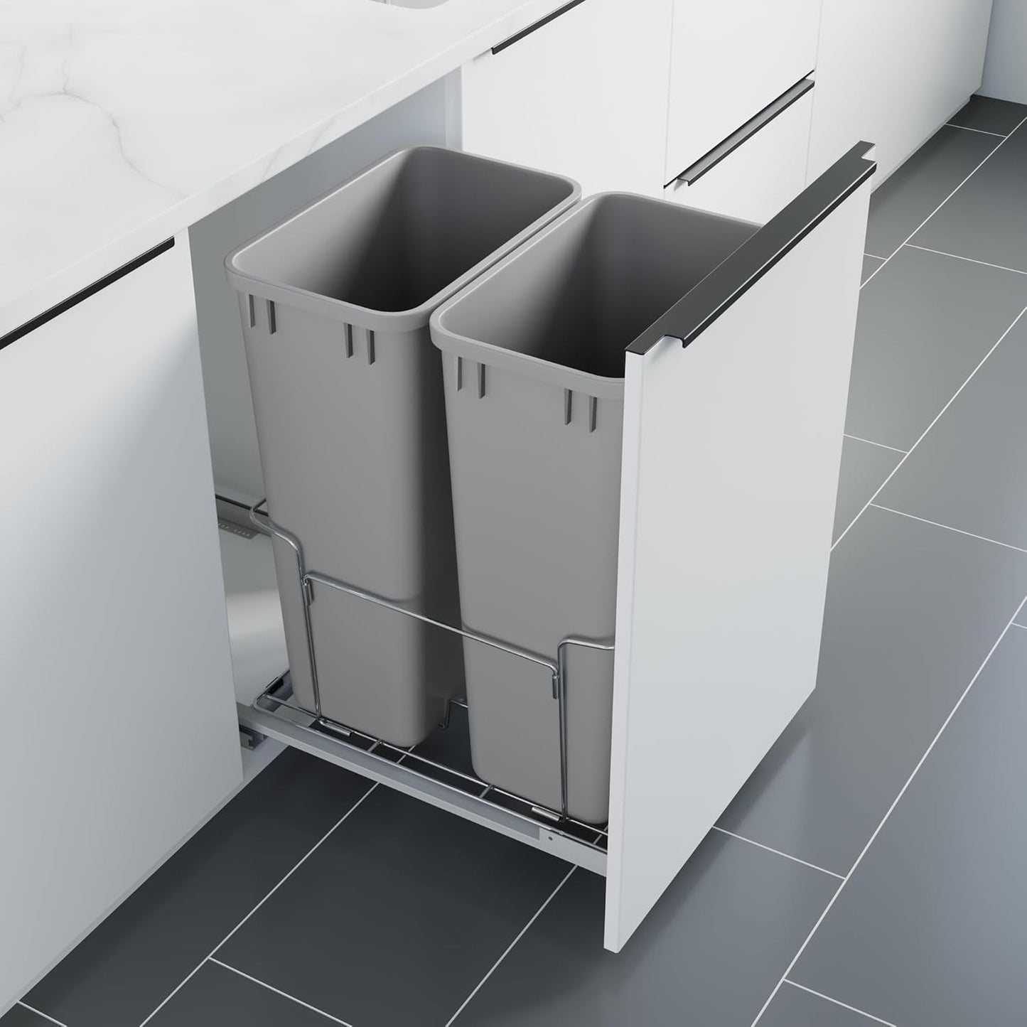 Dowell B18 Aluminum Base Wastebasket Pullout with Door Mount and Two 50Qt/13Gal Plastic Bins (4012 0218+50x2)