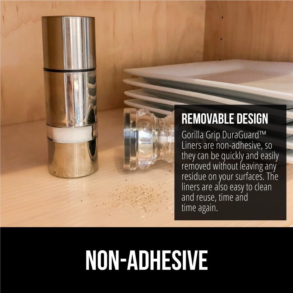 GORILLA GRIP DuraGuard Shelf Liner, Non-Adhesive Cabinet Liners for Kitchen Drawers, Shelves, Refrigerator, Pantry Storage, Bathroom Closet, Durable Waterproof BPA Free Ribbed Plastic, 17.5x10 Clear