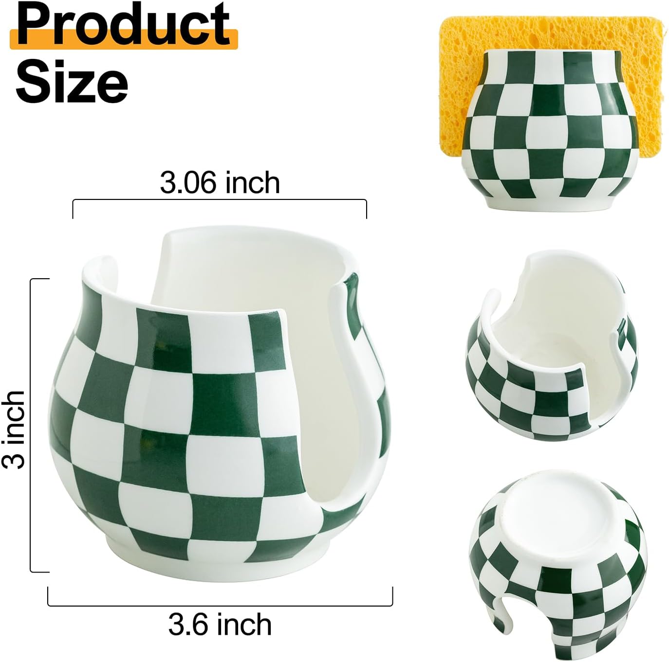 Kitchen Sponge Holder, Ceramic Sponge Organizer Checkered Scrubby Holder Sink Caddy Scrub Dish Rack for Kitchen, Bathroom, Sink Decor, Green and White