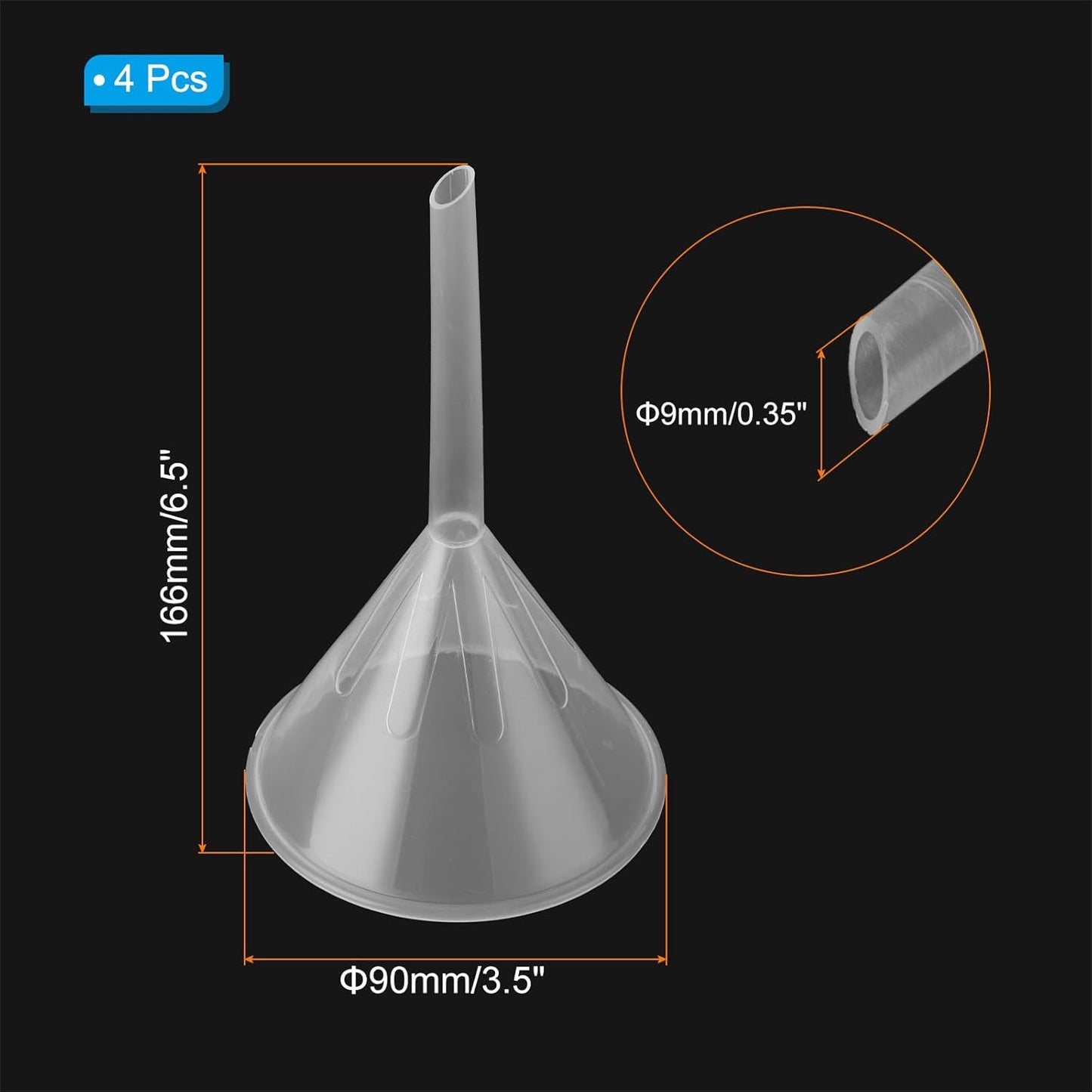 PATIKIL 3.5 Inch Clear Plastic Funnel, 4 Pcs Wide Mouth Multipurpose Transfer Funnel with Long Spout for Filling Water Bottle Liquid Lab Spices Powder Oil
