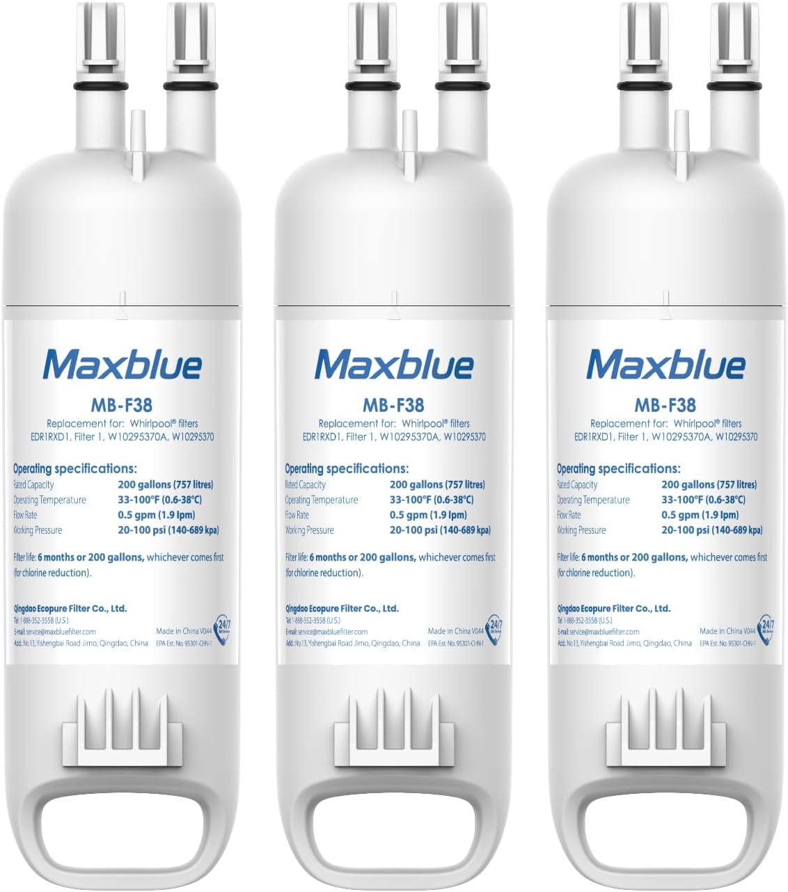 Maxblue W10295370A Replacement for Everydrop® Filter 1, Whirlpool® EDR1RXD1, EDR1RXD1B, P8RFWB2L, P4RFWB, Kenmore® 46-9081, 46-9930, MB-F38 Refrigerator Water Filter, 3 Filters (Package May Vary)