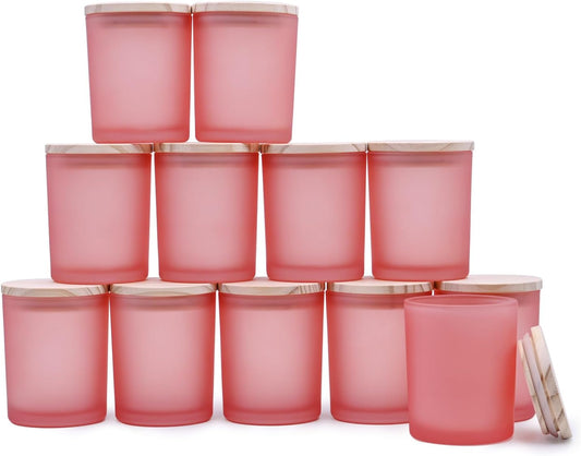 Thick Candle Jars for Making Candles 12 Pcs, 7 OZ Empty Jars with Wood Lids for Candle Making, Sample Container, Frosted Pink