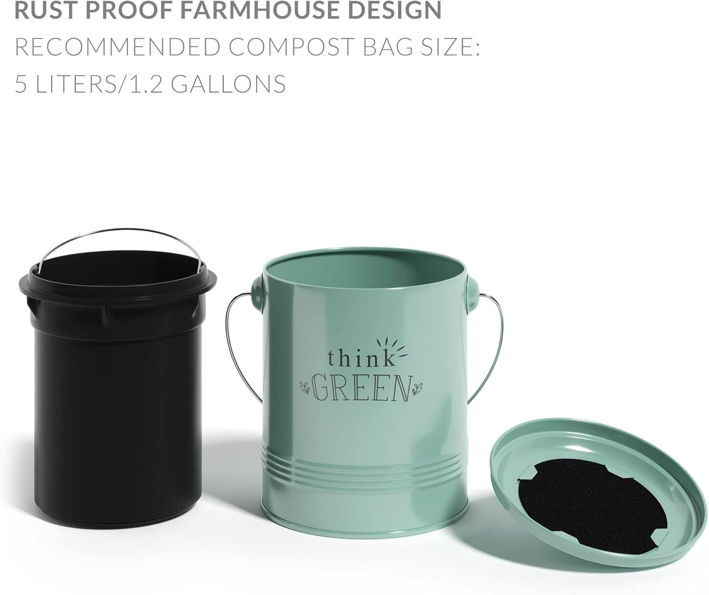 Barnyard Designs Compost Bin for Kitchen Counter - 1.2 Gallon Countertop Composter with Extra Smell-Absorbing Filters and Inner Bucket for Easy Cleaning - Food Waste Bin for Kitchen with Lid (Mint)