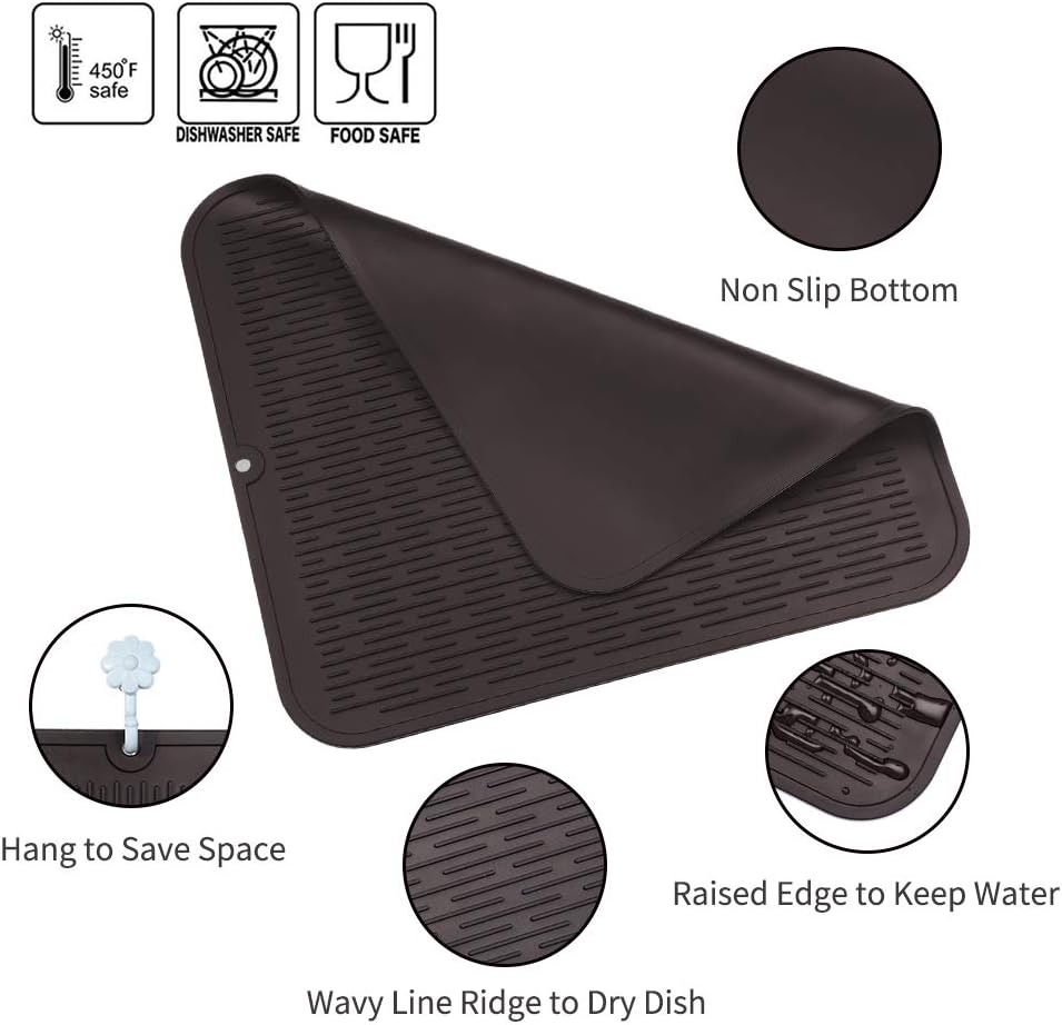 Silicone Dish Drying Mat for Multiple Usage,Easy clean,Eco-friendly,Heat-resistant Silicone Mat for Kitchen Counter or Sink,Refrigerator or Drawer Liner Coffee XL 18 inches x 16 inches