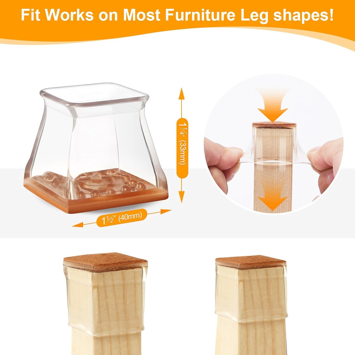 CHUNZEXI 48 Pack Square Chair Leg Floor Protectors for Hardwood Floors, Silicone Felt Covers Pads Caps, Protect Wood Furniture Feet Floors Noise Reduce and Scratch (Square Large & Clear)