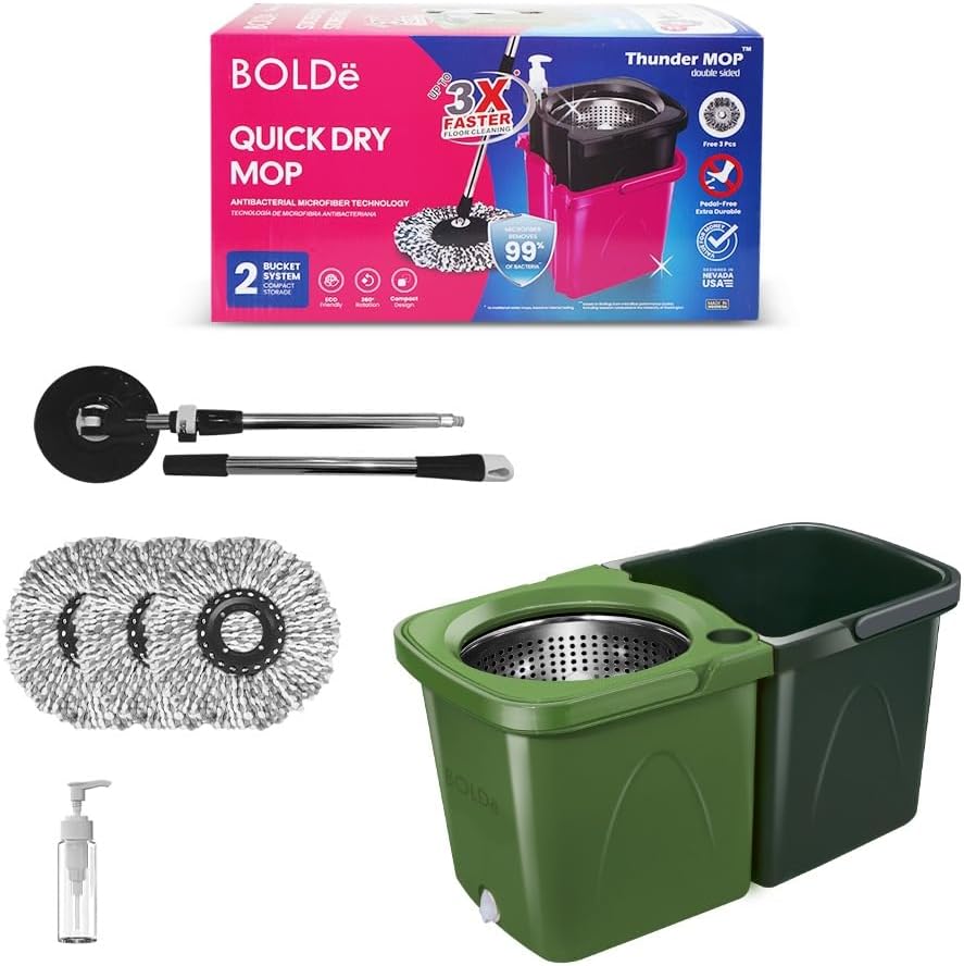Thunder Mop Spin System - 2 Compact Stackable 6L Buckets, Microfiber Head, Stainless Steel Wringer, Antifungal Quick-Dry Cleaning, Soap Dispenser, 3 Free Refills (Lt Green/Dk Green)