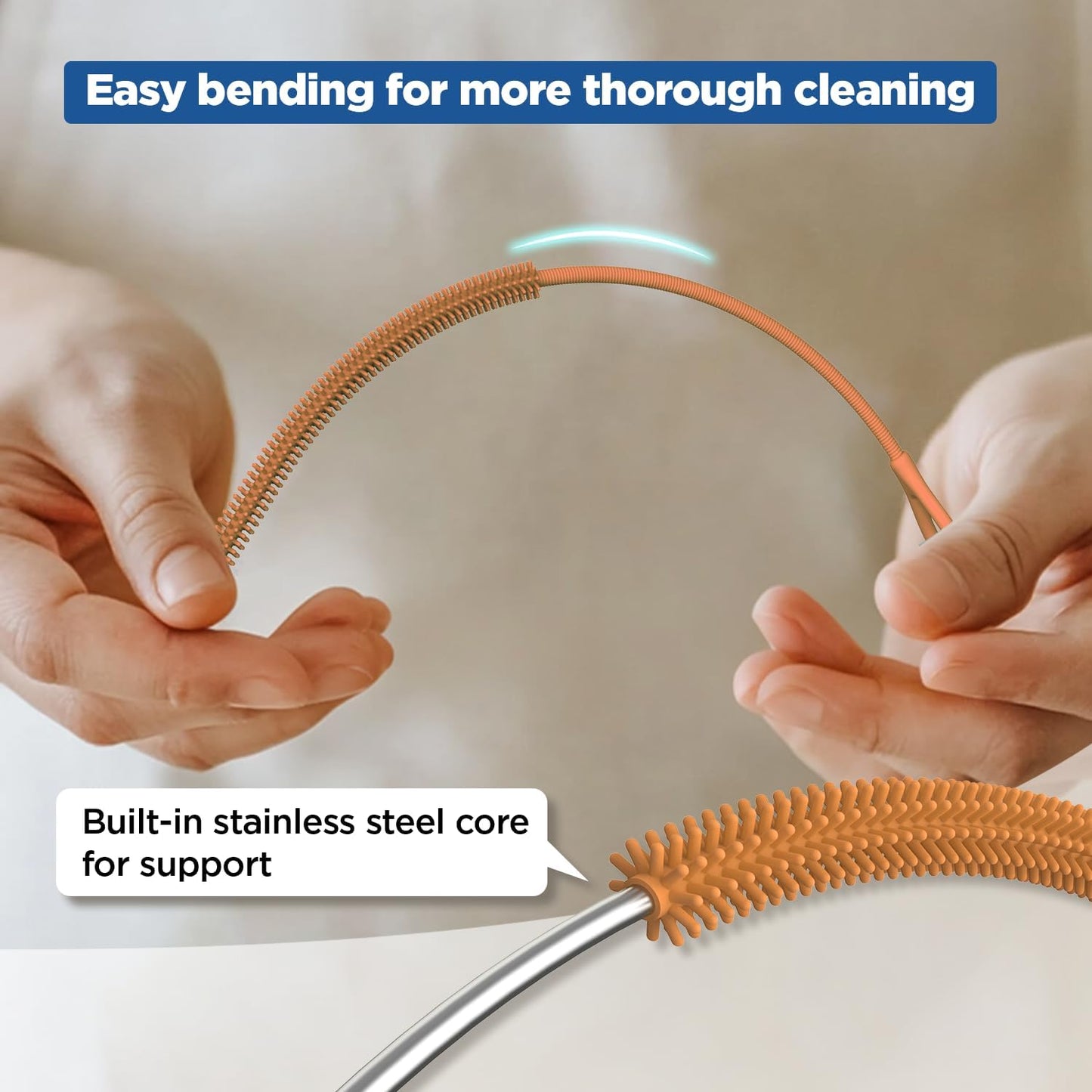 YOTIME Silicone Straw Cleaner Brush, 2Pcs Reusable Straw Brush Extra Long for Cleaning Tumbler with Handle and Glass Metal Smoothie Straws, Non-slip Handle Soft and Bendable, 6mm+9mm, Orange