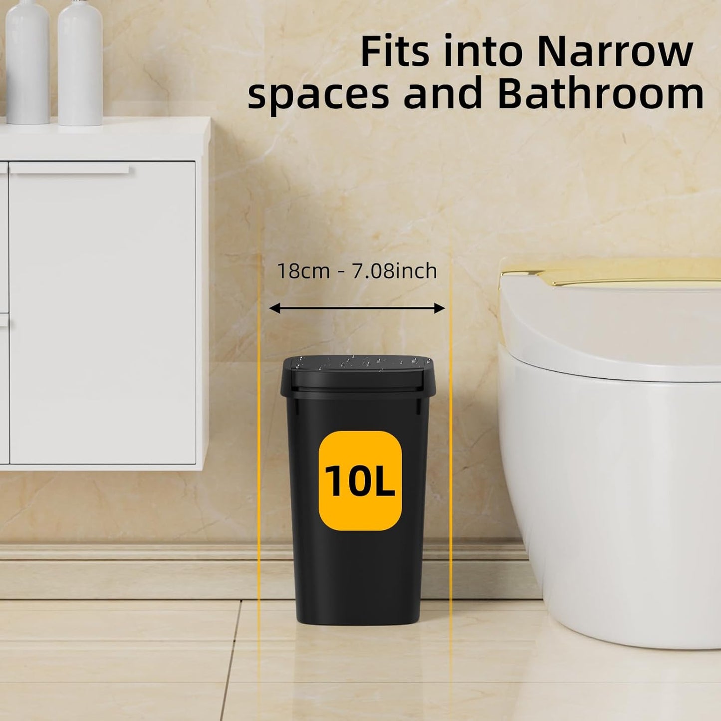 3 Pack Bathroom Small Trash Can with Lid, 2.6 Gallon Slim Garbage Bin with Pop-Up Lid, 10L Plastic Wastebasket for Bedroom, Office, Kitchen, Toilet (Three Colors)