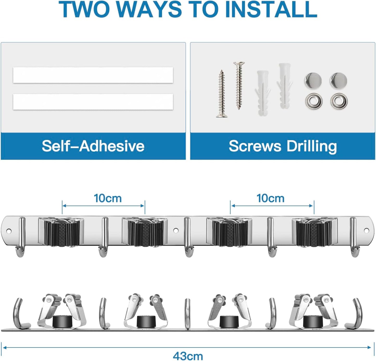 IMILLET 2 Broom Holder Wall Mounted, Stainless Steel Broom Mop Holder Self Adhesive Heavy Duty Hooks Storage Organizer for Home Laundry Room Garden Garage Closet Kitchen（4 Racks with 5 Hooks）