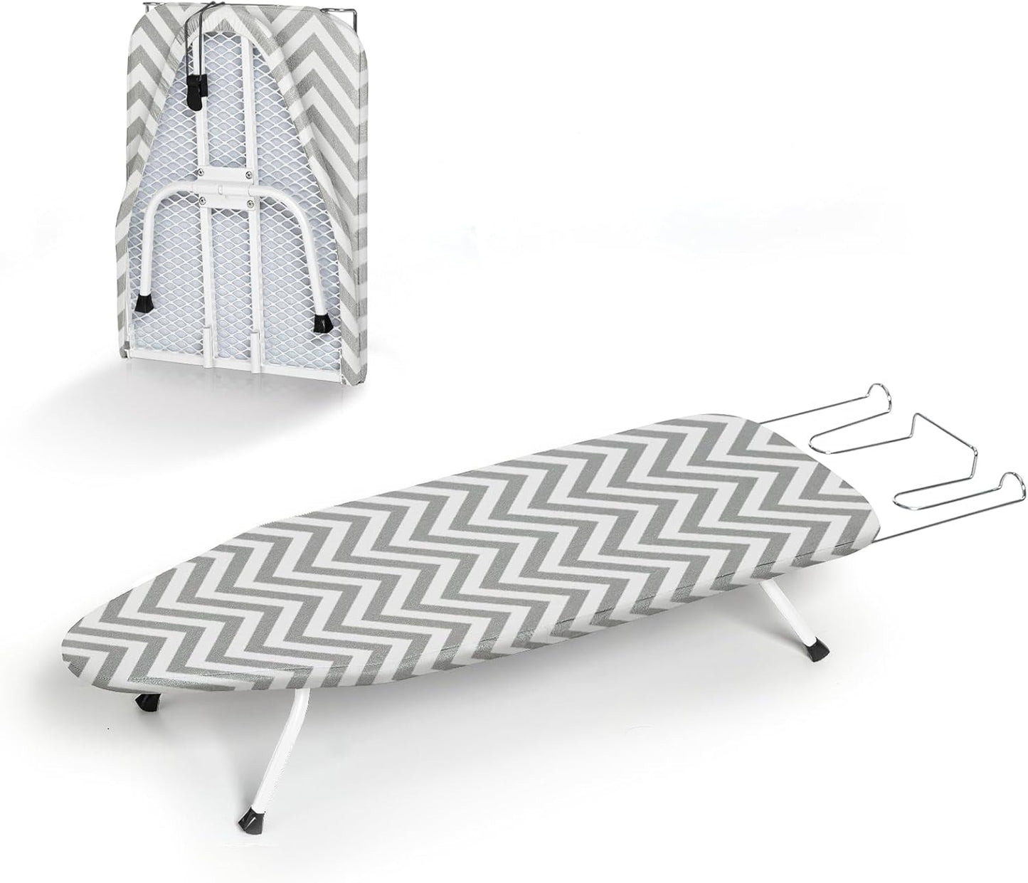 Folding Ironing Board for Small Space, RAINHOL Mini Collapsible Ironing Boards, with Hook, Iron Rest, Heat-Resistant 100% Cotton Cover and Pad, Gray and White Stripes, 31" x 12", Steel Mesh