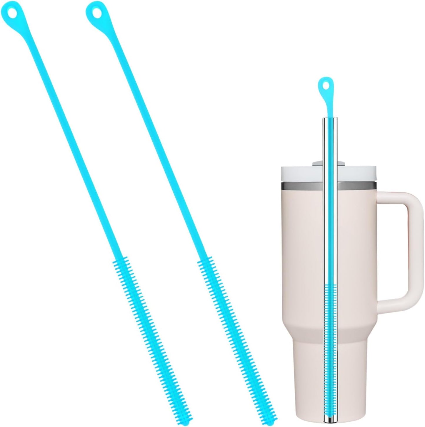 2pcs Silicone Straw Cleaning Brush, Straw Brushes Bristles Cleaner Brush Extra Long Straws Cleaner Brushes for Cleaning Stanley Drink Lid (Blue)