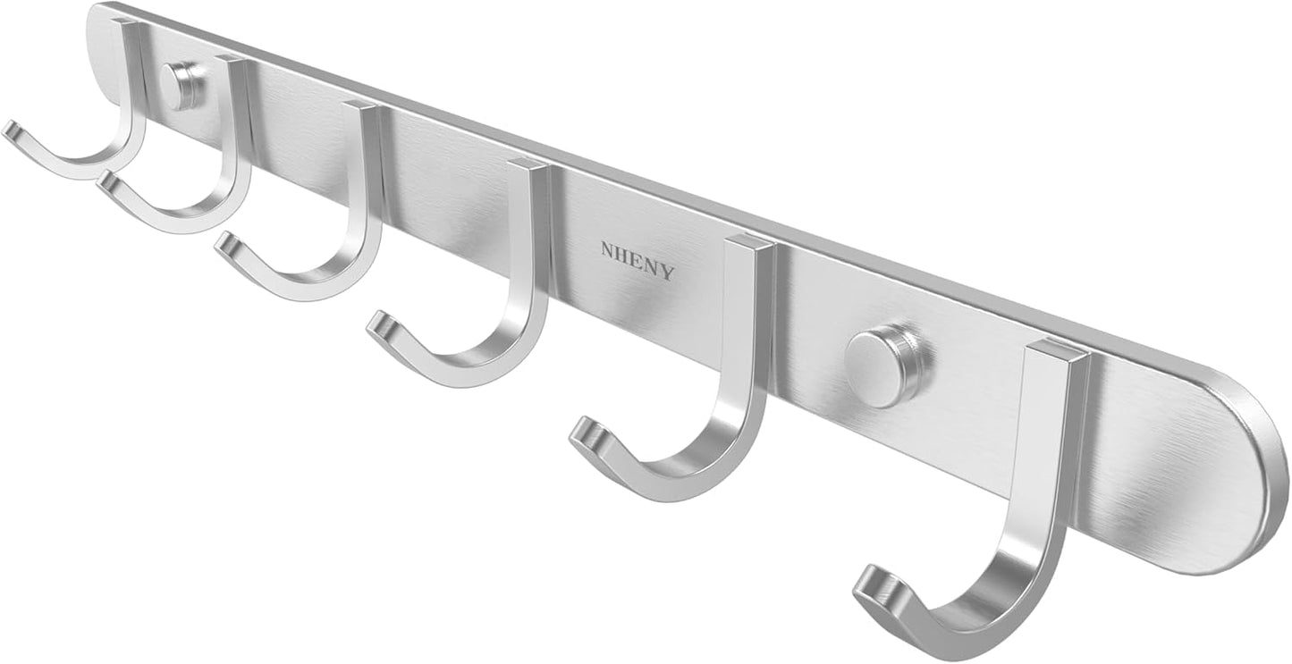 Coat Hook Wall Mount Towel Rack with 6 Hooks Hanger for Hanging Clothes, Bags, Keys, and Towels Bathroom, Entryway, Door, 304 Stainless Steel Brushed Nickel