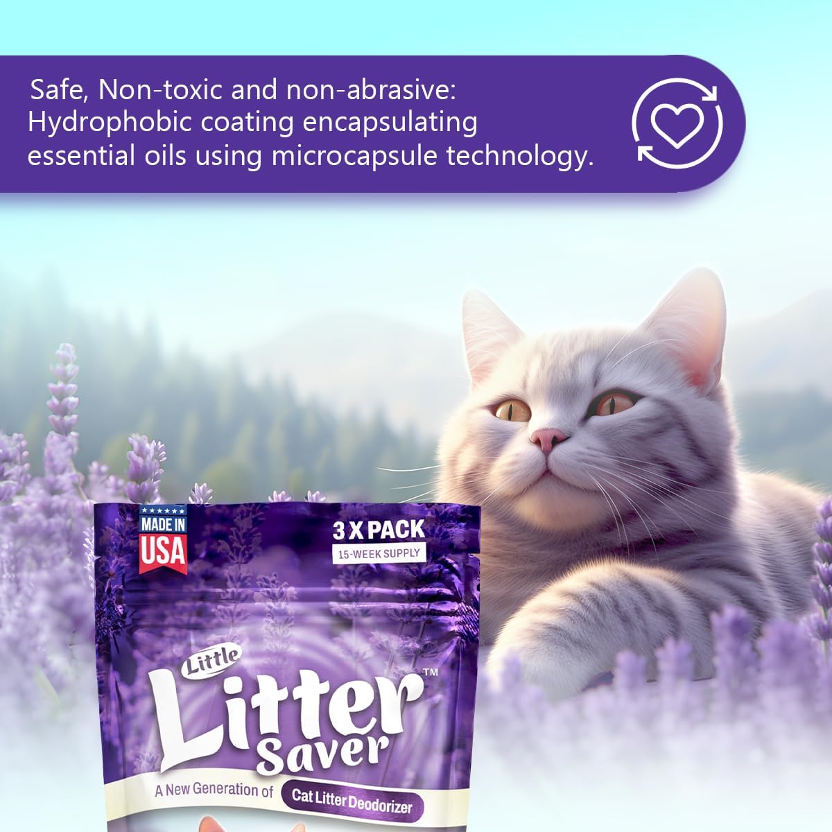 Little Litter Saver | a New Generation Of Cat Litter Box Deodorizer | Unique Slow Release Formula | Natural Fresh Scent | Up to 15 Weeks Supply | 3 x 0.5oz bags (Lavender)